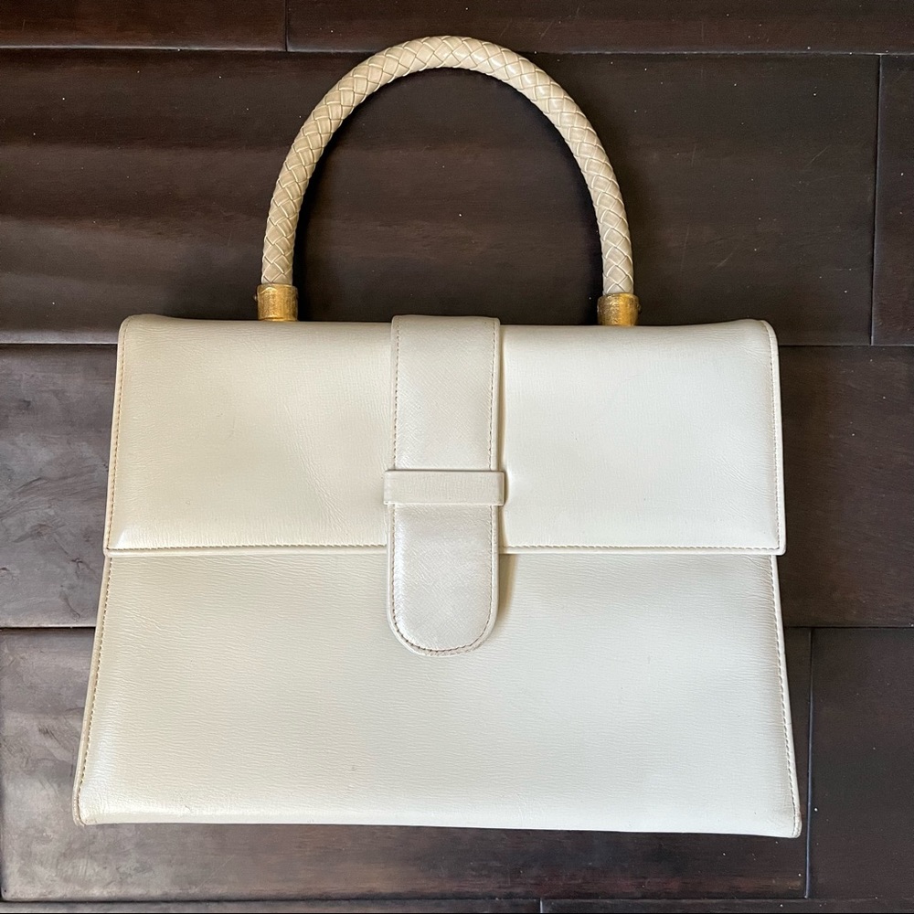 Vintage Debbie Off White Structured Braided Top Handle Leather Handbag